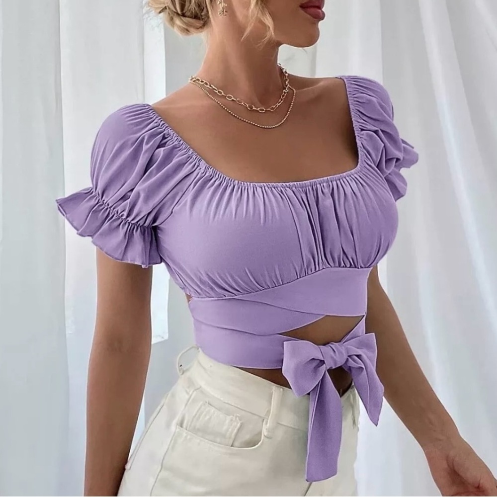 Purple Off Shoulder Wrap
Around Tie Ruched Bust Puff
Sleeve Crop Top Sz S - Picture 3 of 7